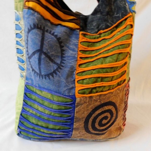 The Collection Royal Printed Patch and Razor Cut Cotton Hobo Bag Peace bag - Picture 8 of 9